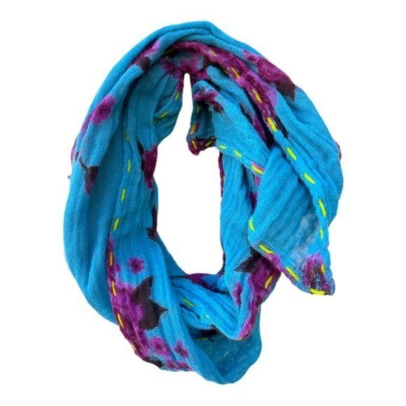 Turquoise & Fushia Floral Printed Scarf 16"x 65" - Picture 4 of 8